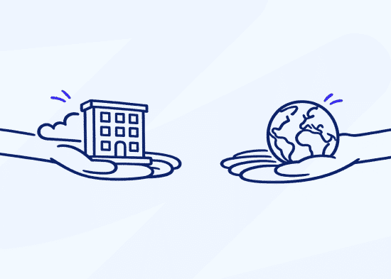 Illustration with 2 hands, holding the globe and a building